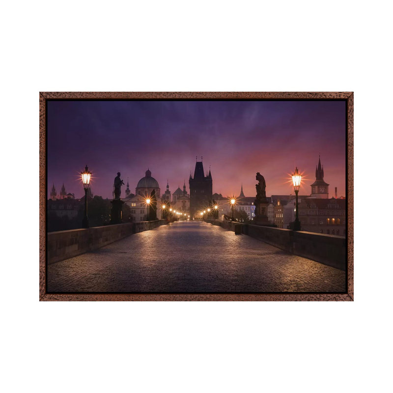 Saint Charles Bridge, Prague by Inigo Cia - Print on Canvas, Classic Brown Wood Floater Framed