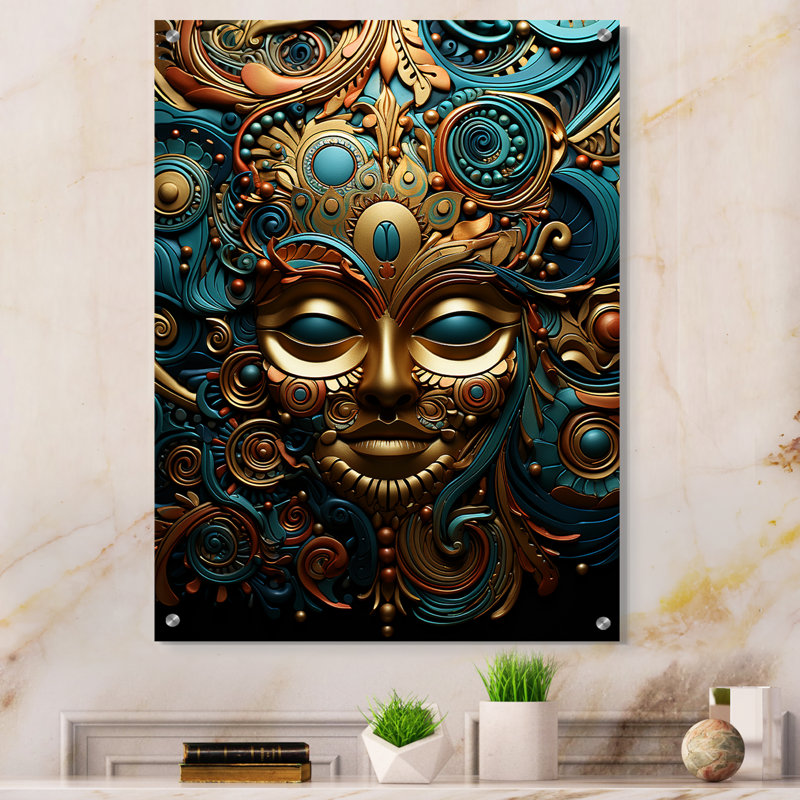 Art mural acrylique bleu sarcelle doré, Mexique, H 20 po x l 12 po