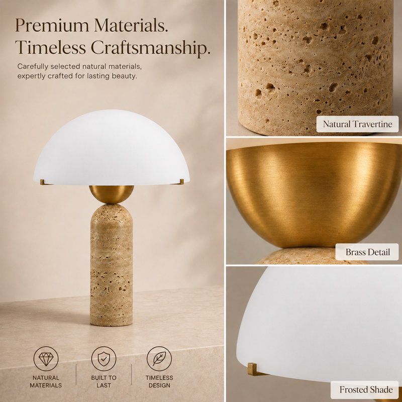  Natural Stone Table Lamp, Mid-Century Modern Dome Mushroom Lamp With Yellow Travertine Base And Frosted Glass Shade, Minimalist Bedside Nightstand Light For Bedroom, Living Room 14.5" Height