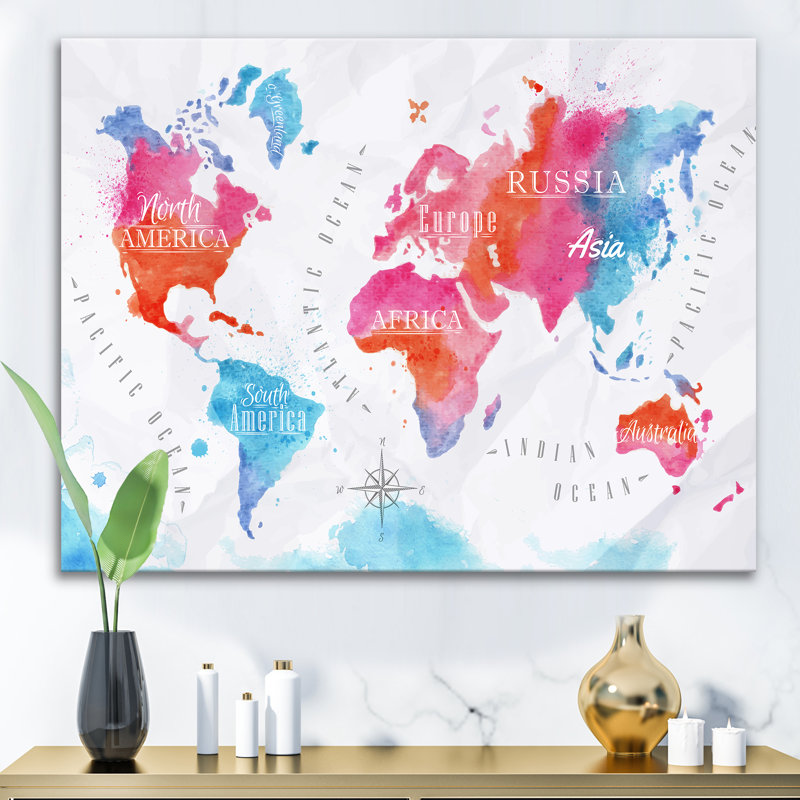 Carte du monde en rose et bleu - Impression sur toile, H 16 po x l 32 po x p 1 po, Toile tendue