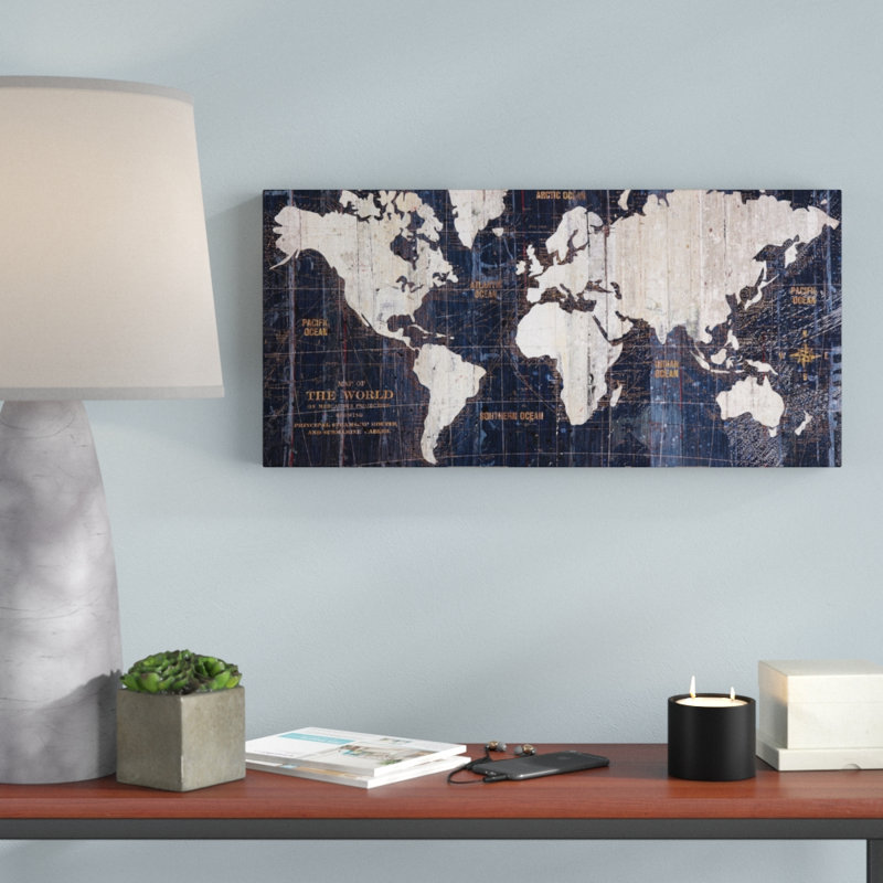 Vieille mappemonde bleue, impression sur toile tendue, H 12 po x l 24 po
