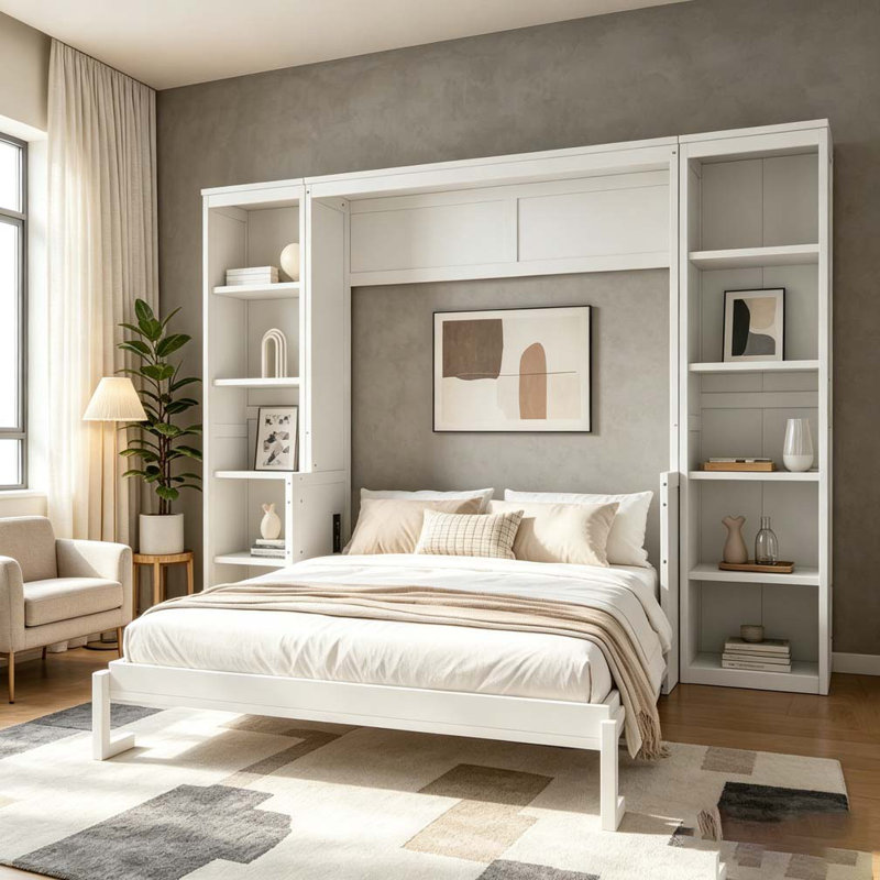 Grand lit escamotable avec bureau et tablettes, Blanc