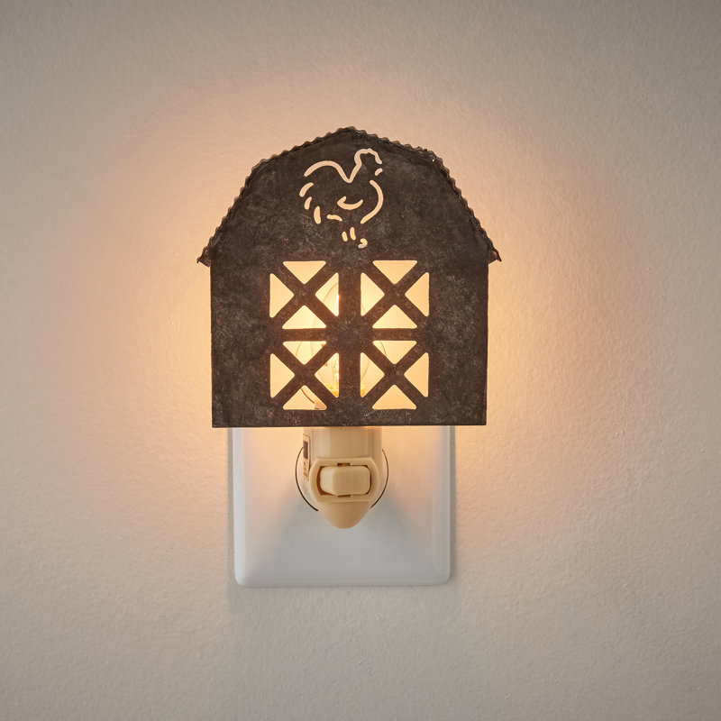Galvanized Metal Farmhouse Barn Night Light with Rooster Cutout