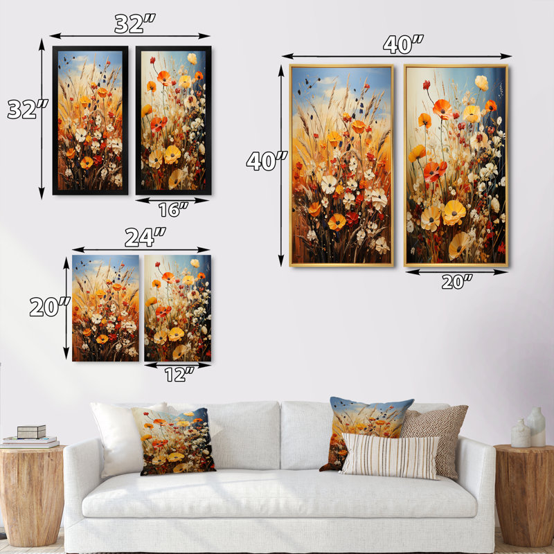 «Orange Yellow Seasonal Flowers Seasonal Collage», 2 pièces, Cadre blanc, H 32 po x l 32 po
