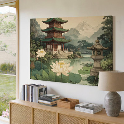 Canvas Wall Art Lotus Pond And Pagoda Traditional East Asian Watercolor Of Harmony And Mist Ready To Hang Gallery Wrapped Home Decor