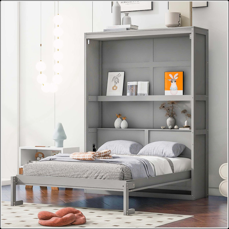 Lit escamotable mural avec tablettes Murphy, gris, Double