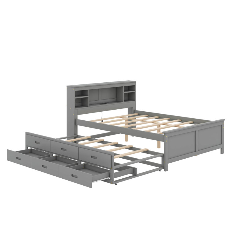 Full Size Platform Bed With Storage Headboard, USB, Trundle And 3 Drawers, Gray