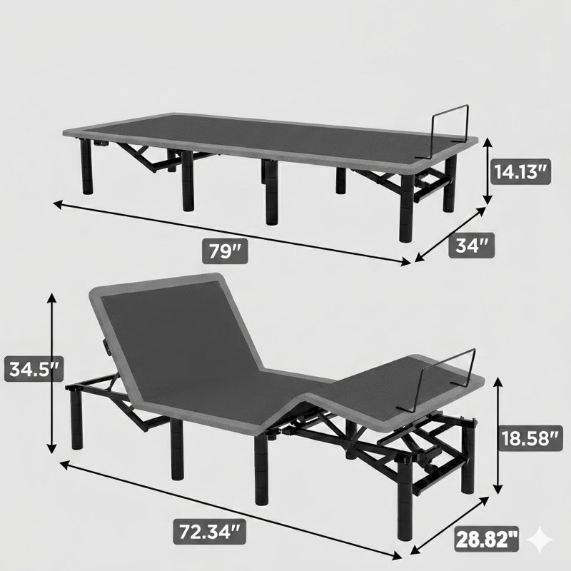 Adjustable Bed Frame With Massage Functions For Head And Foot Incline. Split King Size, Controlled By A Wireless Remote. Includes Type-A And Type-C USB Ports, LED Night Light, And Four Height-Adjustable Legs For Easy Assembly.