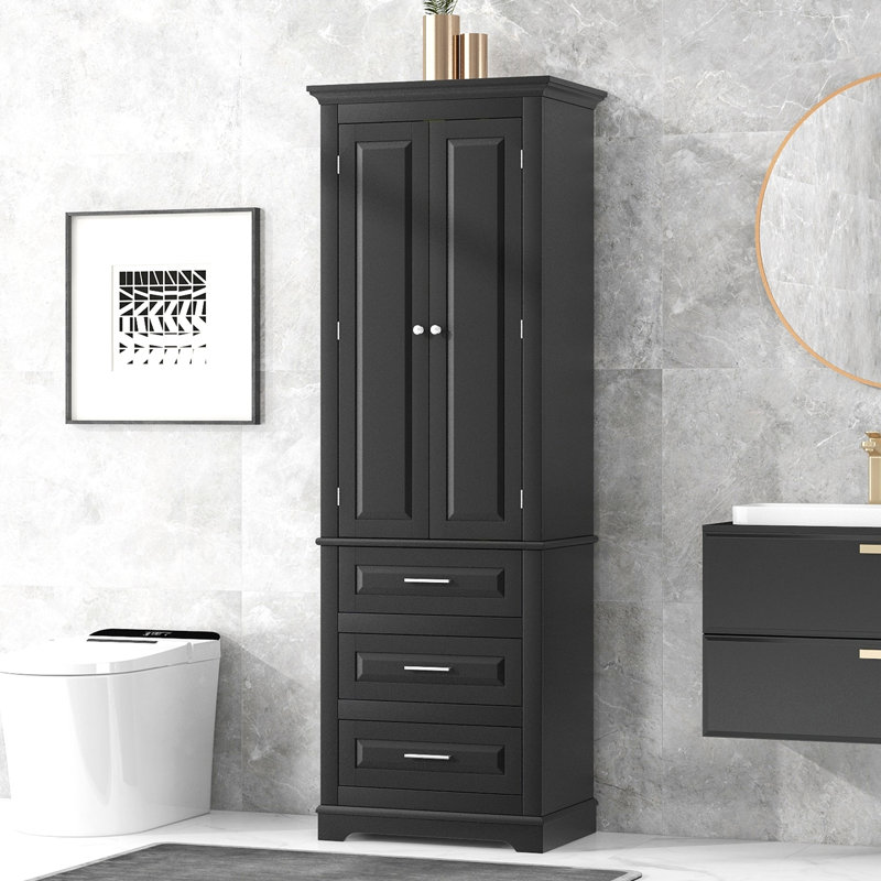 Tall Storage Cabinet With Three Drawers For Bathroom/Office, Black