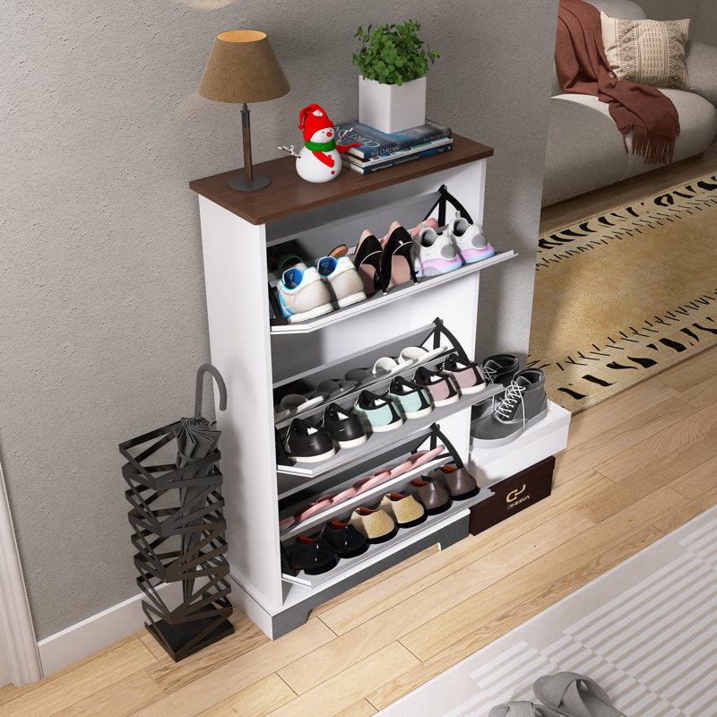 Elegant White & Brown Shoe Cabinet With Spacious Storage & Decor Top