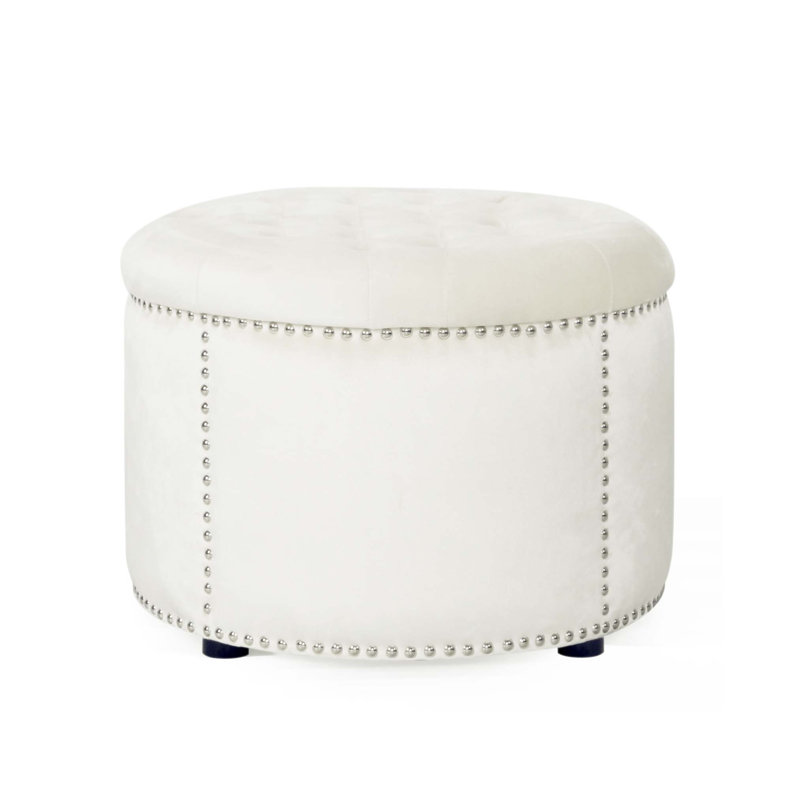 Luxurious Emerald Velvet Round Ottoman With Studded Rim For Extra Seating And Comfortable Foot Rest, Beige