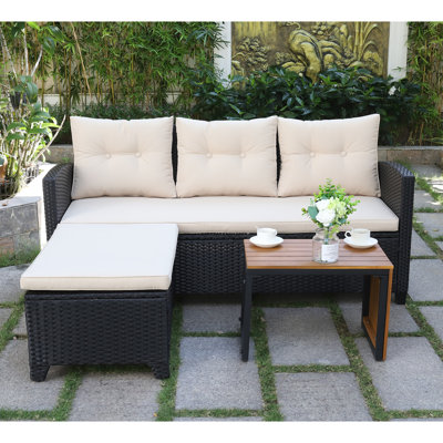 Outdoor Wicker Patio Conversation Furniture Set With Acacia Wood Coffee Table