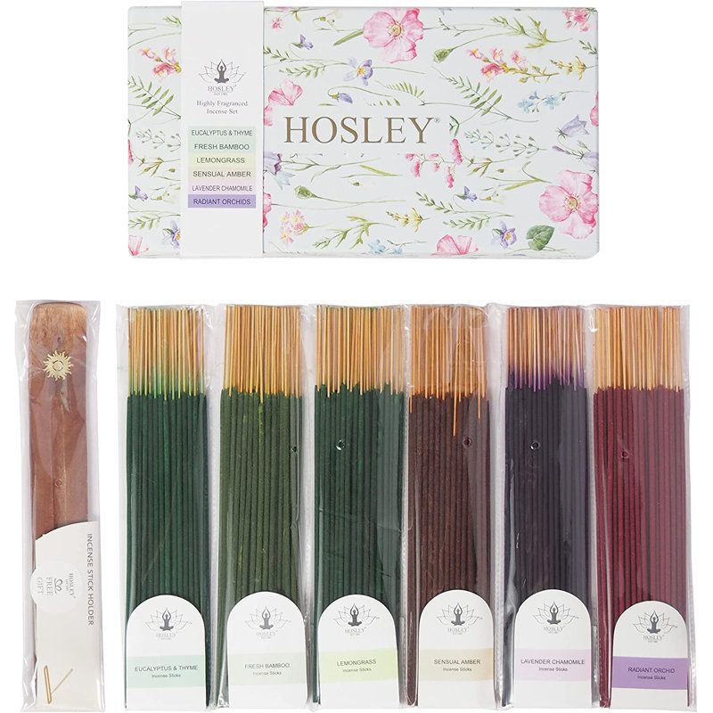 Hosley 320 bâtonnets d'encens assortis avec support eucalyptus, bambou frais, lavande, myrrhe, camomille lavande, vanille, agrume, idée de sang de dragon pour la maison, le mariage, le spa, la méditation et l'aromathérapie