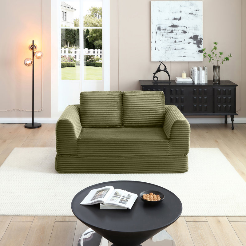 Canapé-lit convertible 2 en 1, canapé-lit moderne en velours côtelé avec 2 oreillers, canapé-lit futon modulaire rembourré sans dossier avec lit gigogne, canapé-lit modulaire pliable pour salon, vert