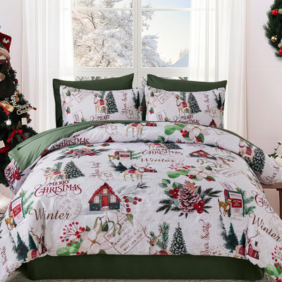 Ensemble d'édredon 7 pièces Christmas Reindeer, ensemble de literie Holiday Winter avec imprimé festif rouge et vert