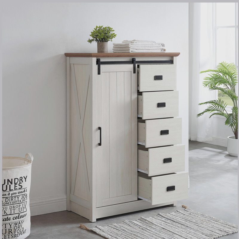 Commode 5 tiroirs avec porte de grange coulissante, commode haute de style campagne moderne à 5 tiroirs, commode de rangement pour chambre à coucher, couloir, salon, chambre d'enfant BLANC