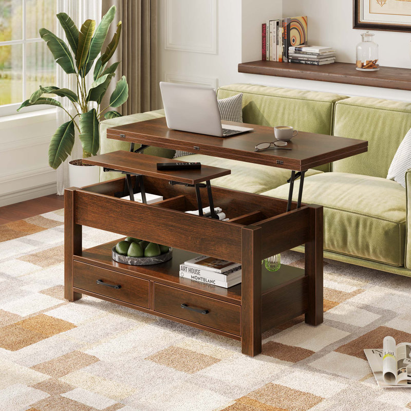 Table basse à plateau relevable, bureau moderne en bois avec rangement caché, Espresso, H 18,6 po x L 39,4 po x l 39,4 po