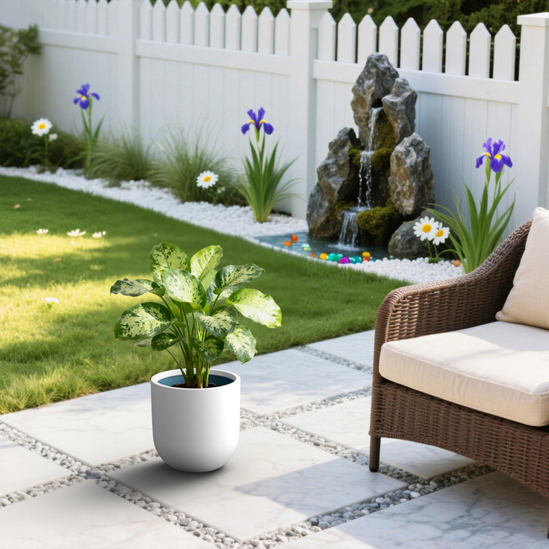 11 in. Pearl White(Upgraded Interior) Medium Concrete Round Planter / Pot with Drainage Holes for Indoor & Outdoor