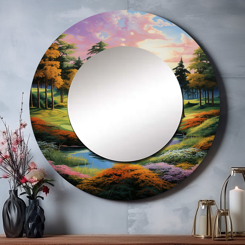 Golf «Enchanted Greens» - grand miroir de golf, décor de miroir mural rond vert unique, impression d'art en métal
