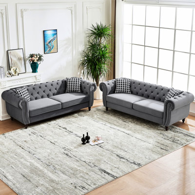 Gray 3+3 Seater Velvet With Roll Armrest, Mid Century Design For Primary Living Space, Stable Hardwood Frame, Supportive Spring Packs Upholstery And Rolled Arms, Office, Comfortable High - Density