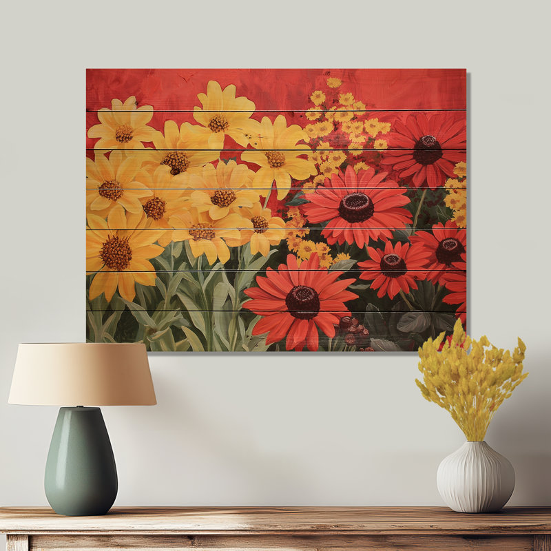 «Vibrant Garden of Daisies» - Art mural en bois de marguerite sur bois de pin naturel, H 10 po x l 20 po x P 0,78 po