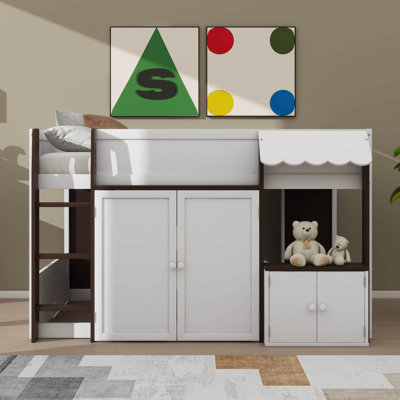Lit double mezzanine double en bois avec espace de jeu intégré et rangement abondant, idéal pour les enfants et les adolescents