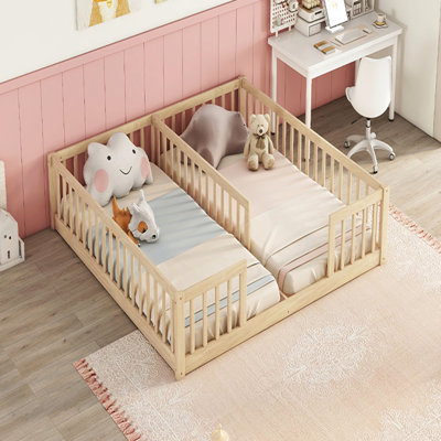 Double Twin Floor Bed With Fence, Guardrails, Without Door