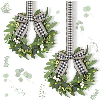 2 Pack 9'' Lighted Mini Wreath For Cabinet Small Candleholder Greenery Eucalyptus Wreath With Ribbon For Chandelier Kitchen Porch Wall Window Home Indoor Outdoor Summer Vintage Décor