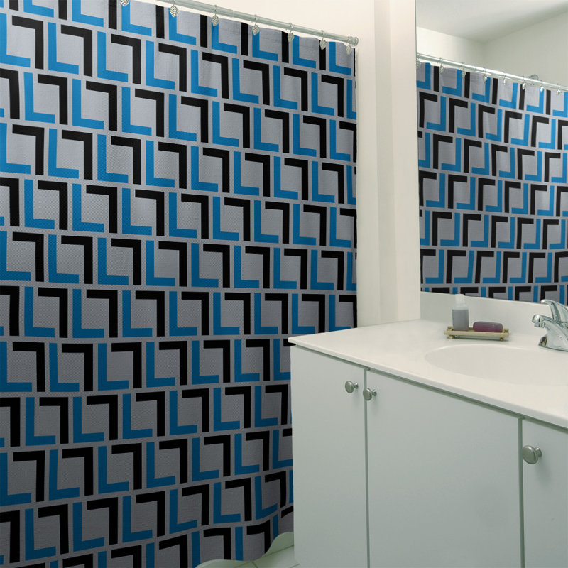 Rideau de douche géométrique simple, Bleu Honolulu / noir / argent, Non