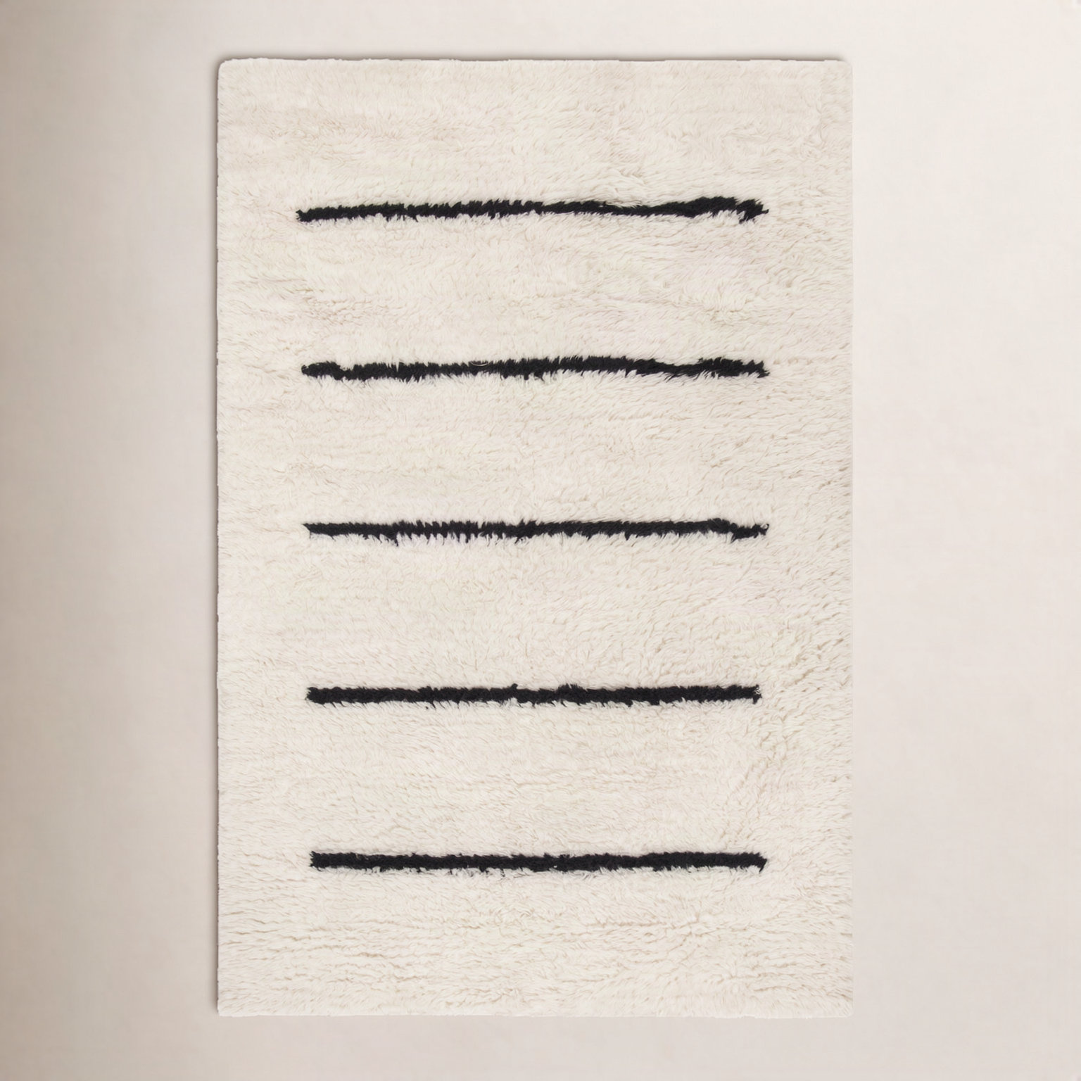 Mayer Ivory Black Hand-Knotted Striped Wool Rug, Rectangle 6' x 9'
