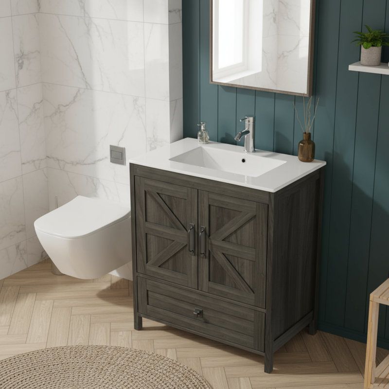 Meuble-lavabo de ferme gris de 30 pouces avec lavabo encastré en céramique et robinet, porte de grange et unité de rangement séparée.