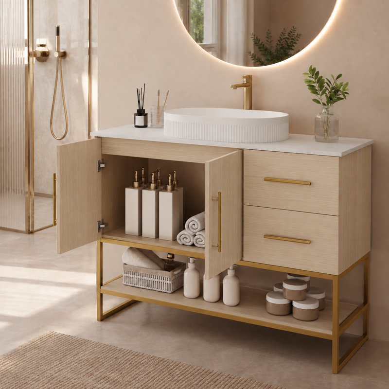 Meuble-lavabo sur pied de 91 cm (36 po) avec lavabo en céramique, cadre doré, 2 tiroirs, placard et tablette ouverte