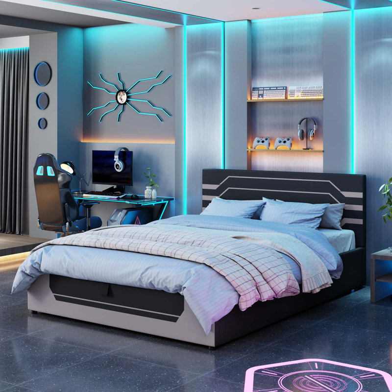 Hydraulic Storage Gaming Bed Frame with Cyberpunk Aesthetic, Black;Gray