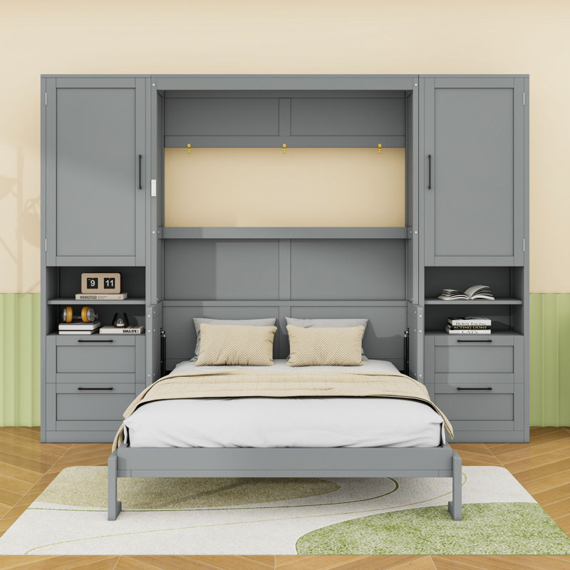 Lit escamotable double en bois avec 4 tiroirs et tablettes de rangement, gris