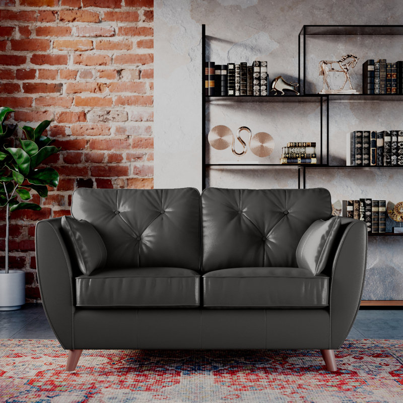 Marylin 2 Seater Leather Tufted Sofa, Dark Wood, Raven