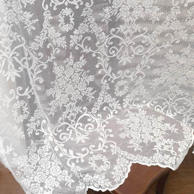 72 Inch White Lace Curtains With 2 Panels, Floral Embroidered Sheer Curtains Drapes Rod Pocket Lace Tulle Victorian Curtain Attached Valance