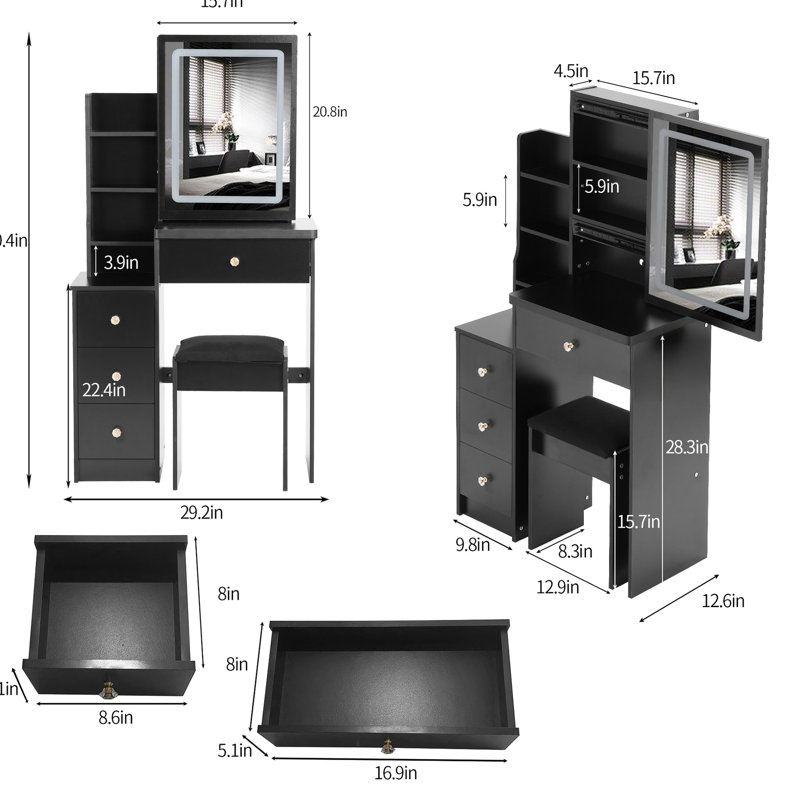 Small Size Vanity Table With Touch-control Led Mirror, Color & Brightness Adjustable, Cushioned Stool, , Black, Space Saving Concept Small Soft Stool Touch Control Switching And Adjustable , Black