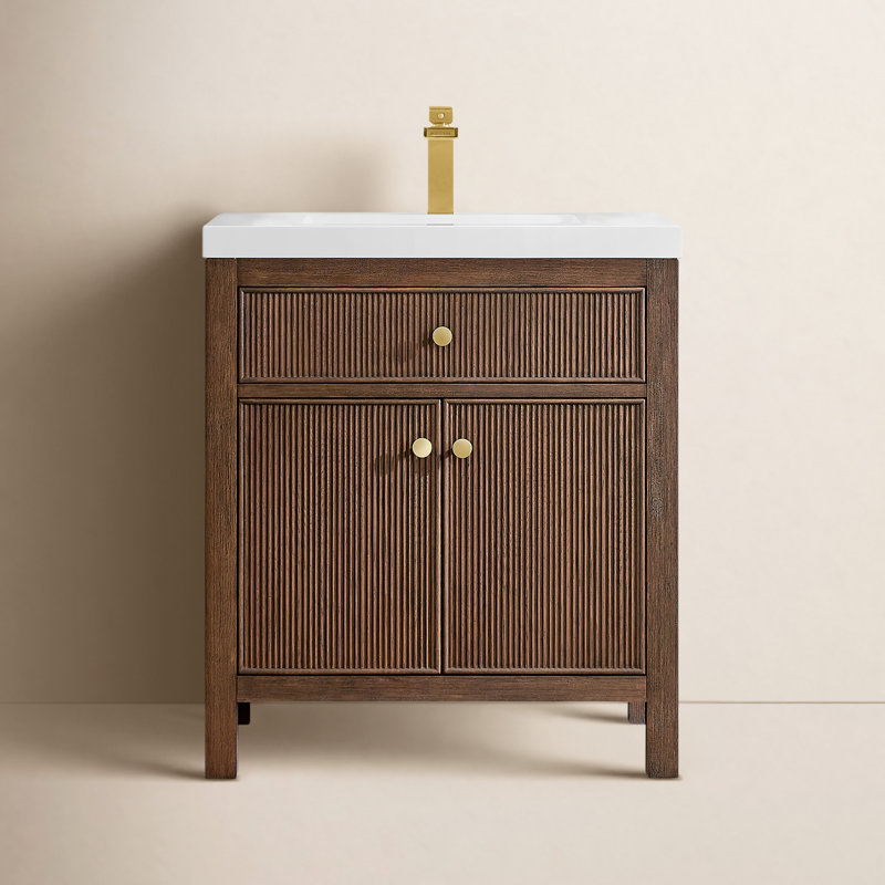 Lala 30" Single Bathroom Vanity in Engineered Stone Integrated Sink without Mirror, Brown Brushed Oak