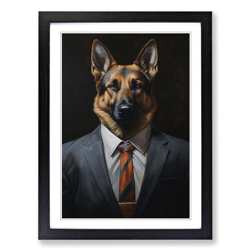 German Shepherd In A Suit Painting - Single Picture Frame Print on Wood, 34cm H x 25cm W x 2cm D, Black