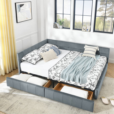 Grand lit capitonné avec rangement capitonné, cadre de canapé-lit avec dossier confortable et accoudoirs, grand lit pour chambre à coucher, salon, velours, gris (85,5 po x 64,5 po x 29,5 po)