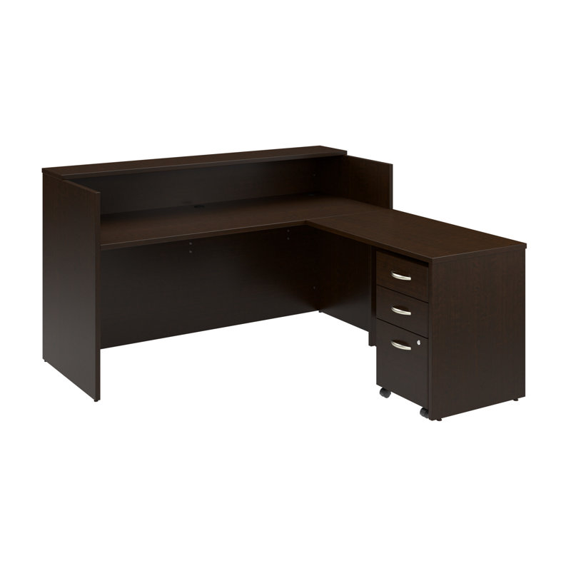 Bureau de réception en L avec piédestal mobile à 3 tiroirs Arrive, Cerise mocha