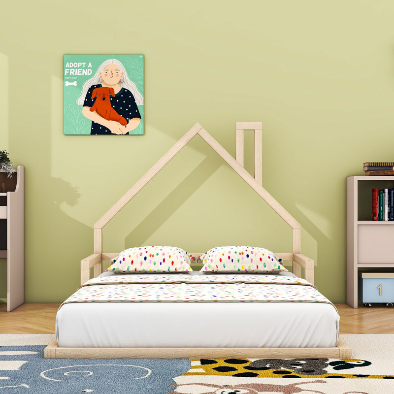 Lit en bois en forme de maison avec cheminée, Naturel, Double