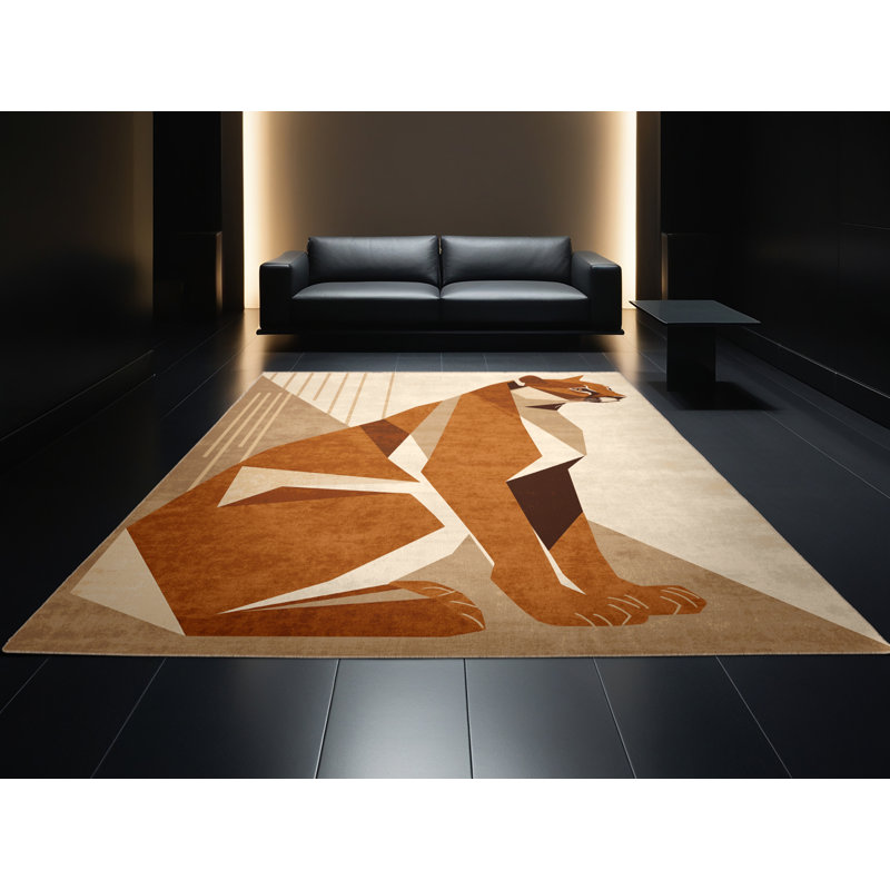 Machine Washable Peirsen Cougar Puma Modern Geometric Rug in Beige – Beige Binding, 5x8