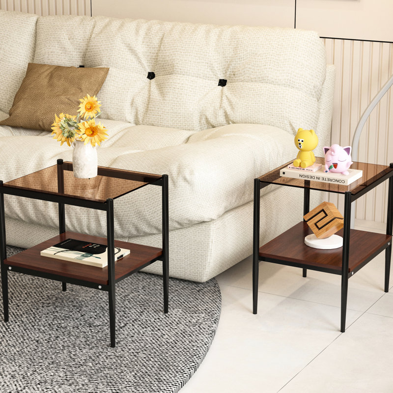 Table basse et tables de bout en verre trempé 3, rangement, décor de salon moderne, brun de 3 tables, combinaison,