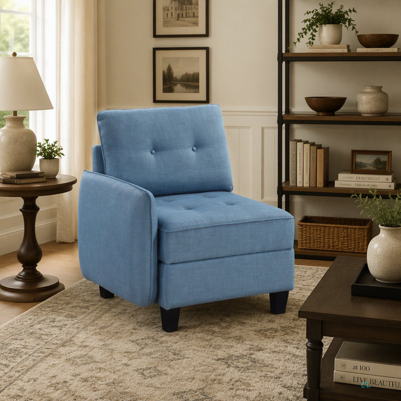Chaise de salon modulaire 1 pièce en bois massif capitonné bleu