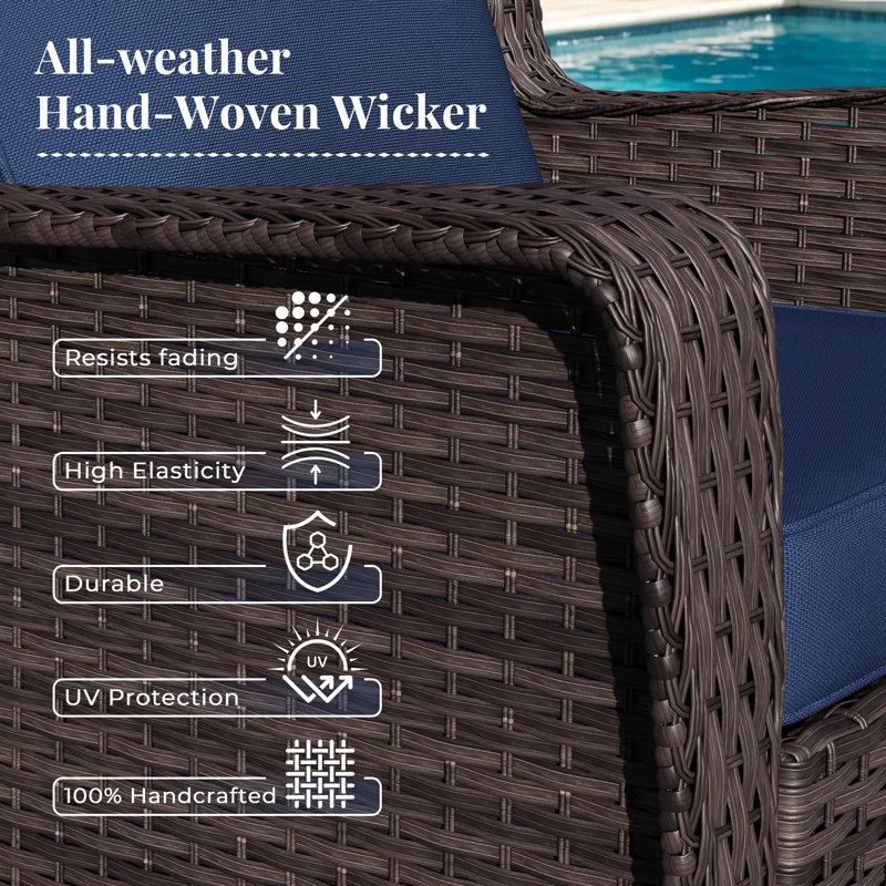 2-Person Patio PE Wicker Armchairs with Ottomans, Side Table and Blue Cushions, Blue