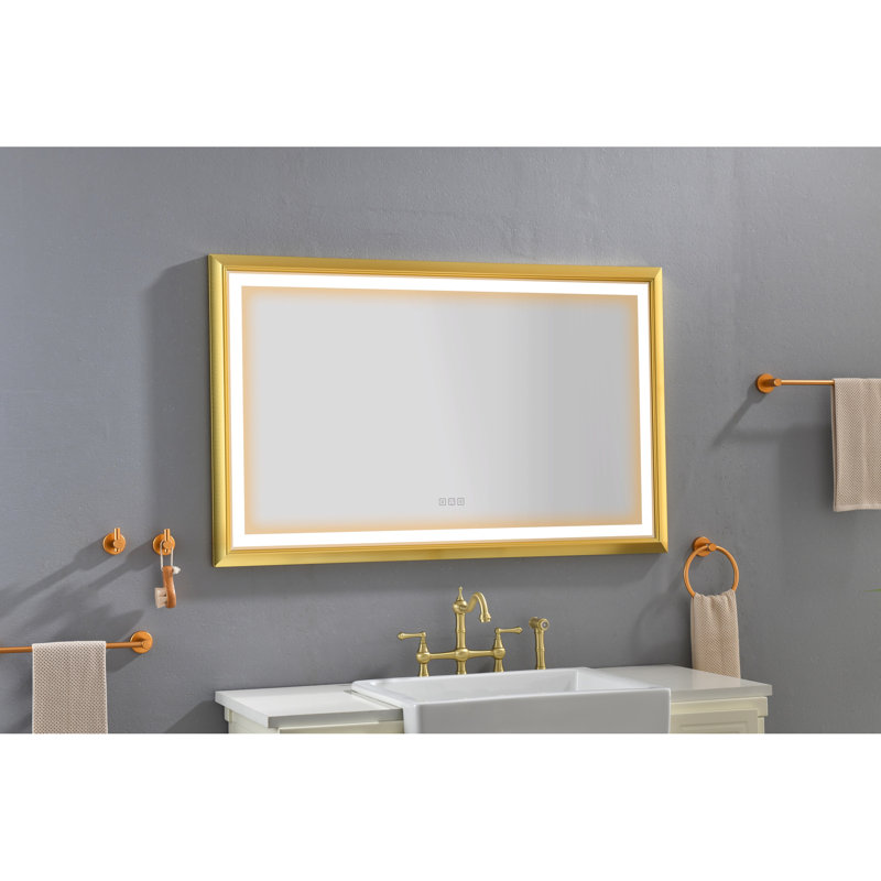 Miroir de salle de bain 48 po x 30 po à DEL avec cadre en aluminium, brouillard, 3 couleurs changeantes, gradation continue, réflexion, style élégant, interrupteur or brossé, transparent et non déformé