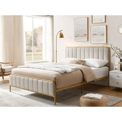 Queen Upholstered Bed Frame With Headboard, Soft Ice And Snow Velvet, Khaki Color, 82.06 In Depth, 62.03 Width, 42.08 Height, 65 Lb Bed, For Bedroom Living Contemporary Aesthetic, Inches Of Product