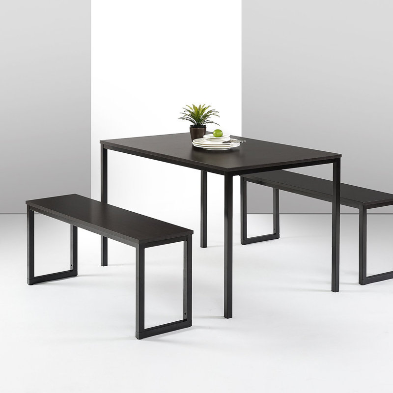 Table de salle à manger 48 pouces avec cadre en métal noir et bancs / ensemble de salle à manger 3 pièces / assemblage facile