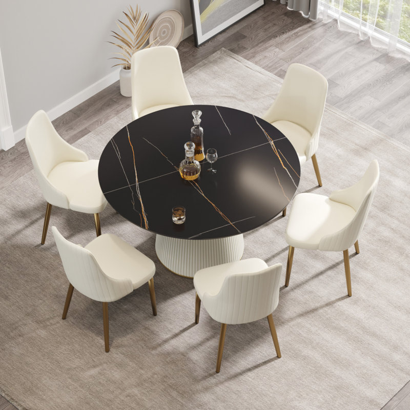 53.15 "Modern Black Artificial Stone Round Beige Plywood PU Base Dining Table-Can Accommodate 6 People. (Not Including Chairs. )